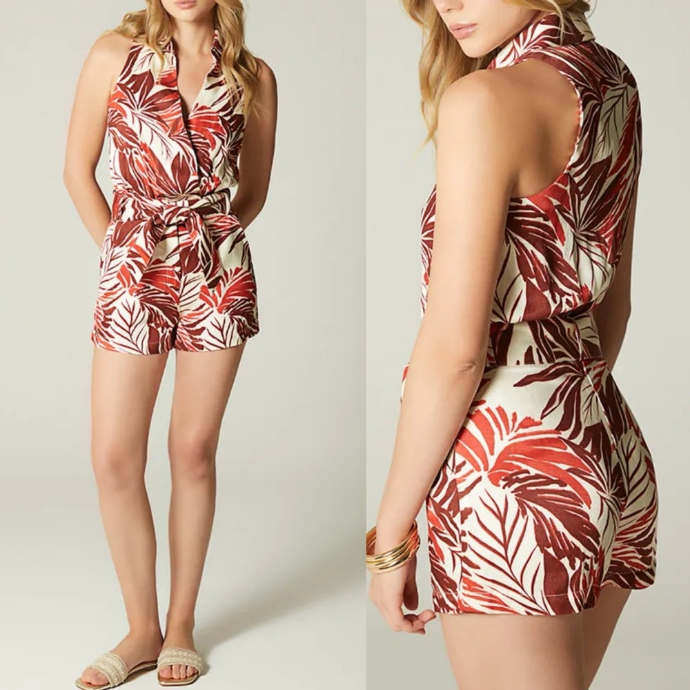 NWT Studio F Sleeveless Romper Shorts Collar Floral Tropical Rayon Red Ivory 10